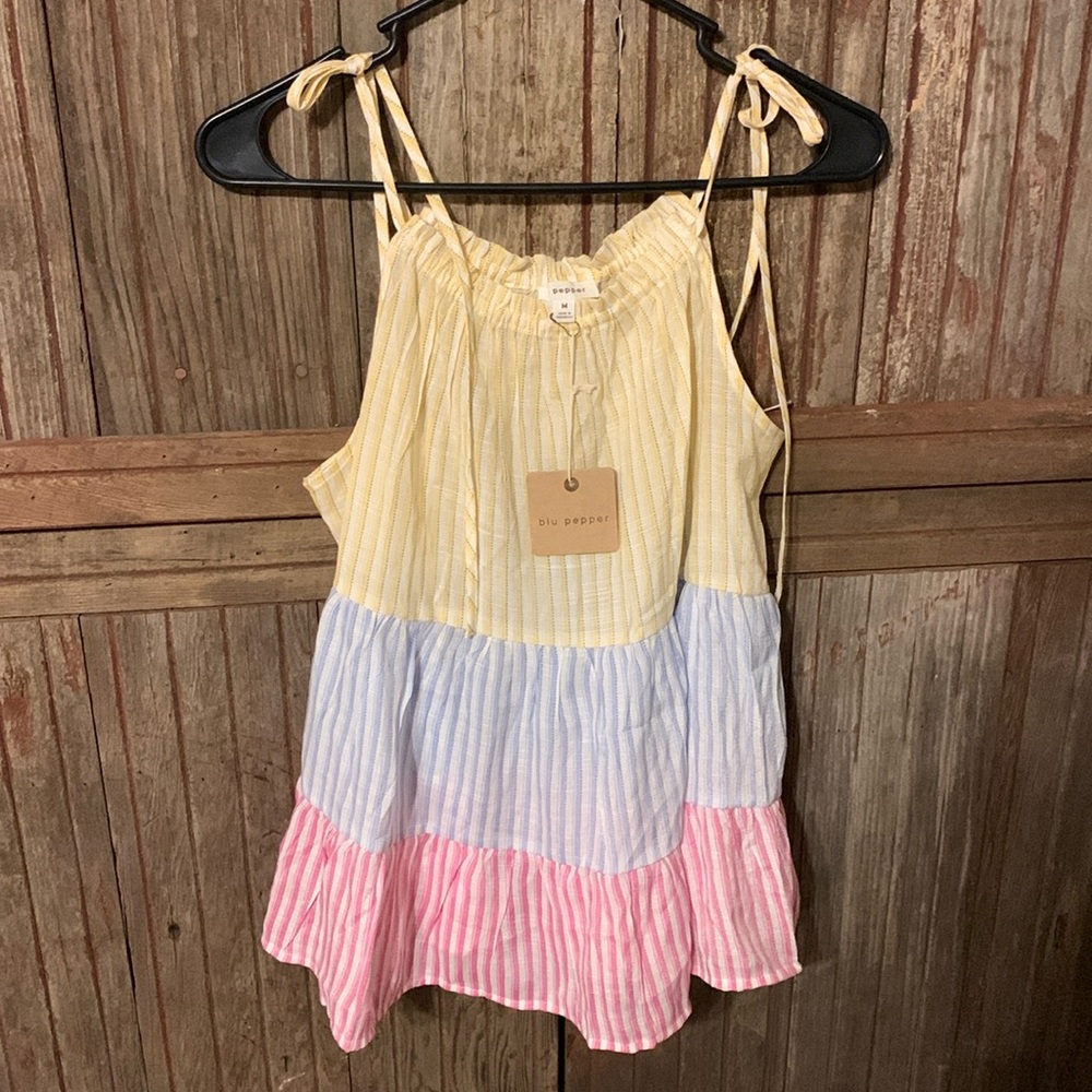 Womens Junior NWT Blu Pepper Tiered Stripes Longline Summer Lightweight Tank Top